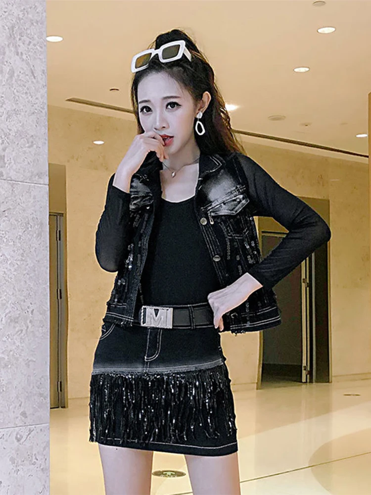 

Fashionable Denim Set Women's Slim Fit Sequin Tassel Short Skirt Two Piece Suit Korean Style Casual Wear Office Suitable