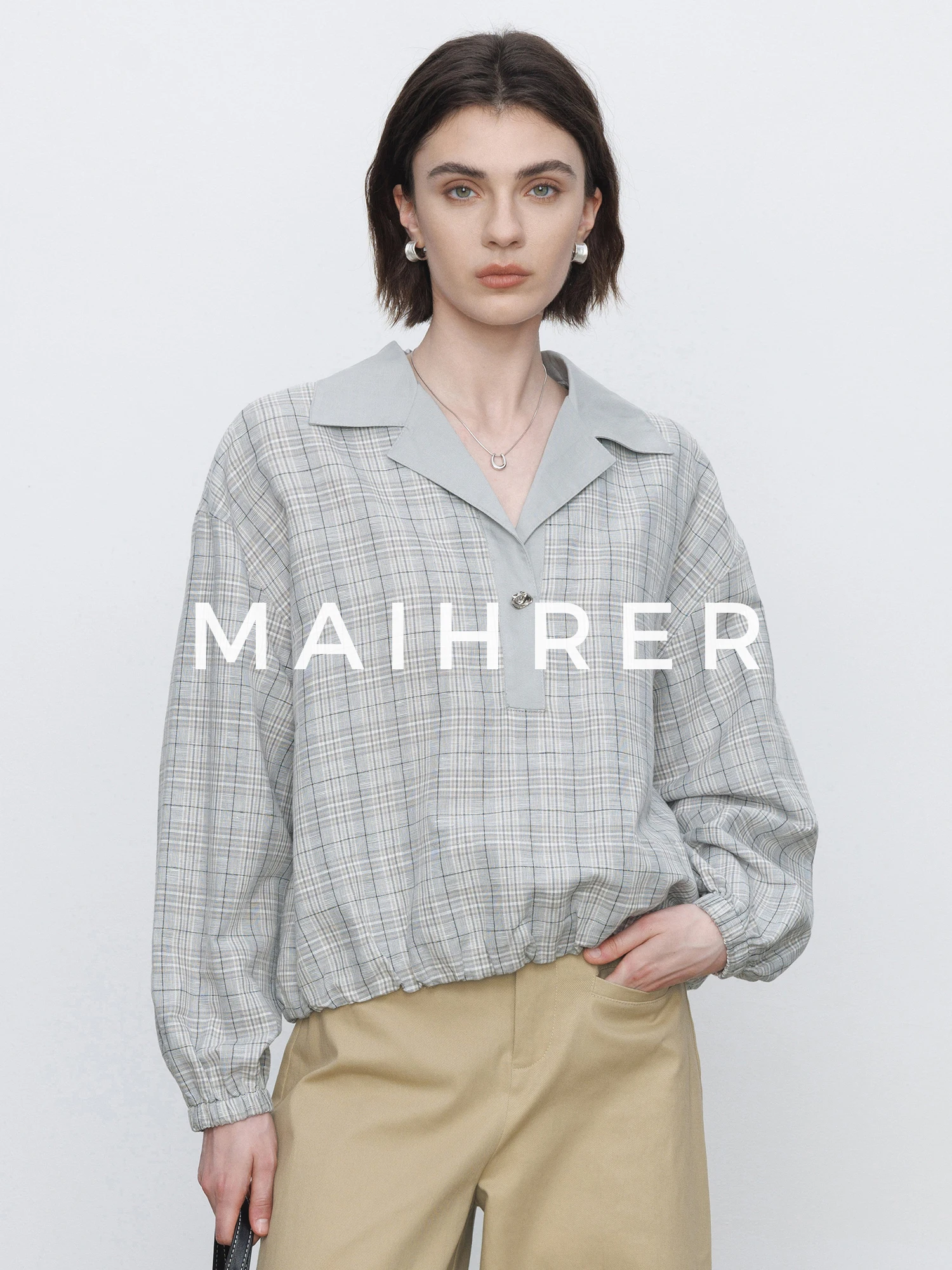 

Maiher College Style Plaid Long Sleeve Women's Shirt Spring New Design Stand Collar Casual Vintage Loose Fit Top