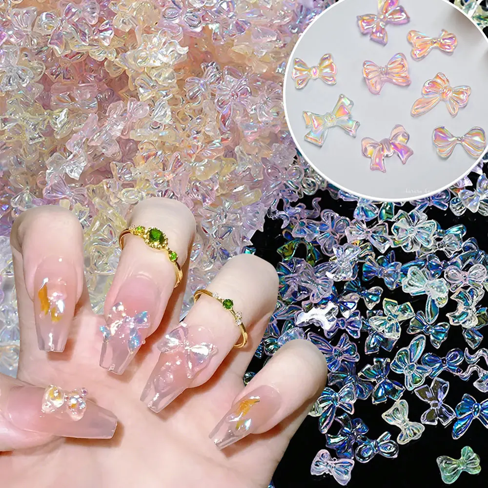 50g/bag Mixed Aurora 3D Bow Nail Charms Transparent Iridescent Resin Bowknot Nail Rhinestones Kawaii Bow DIY Manicure Decoration