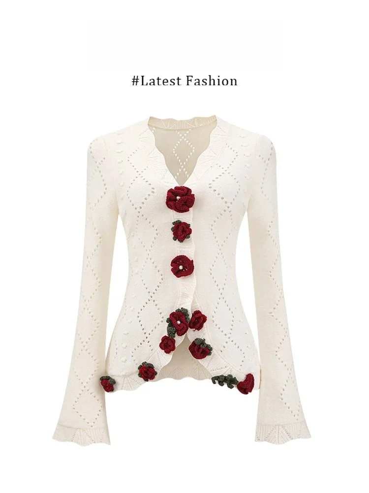 Marie Spring 2026 Knitted Hollow out Crochet Flower Print Two Piece Set Women's Fashion Warm Long Sleeve round Neck Casual Style