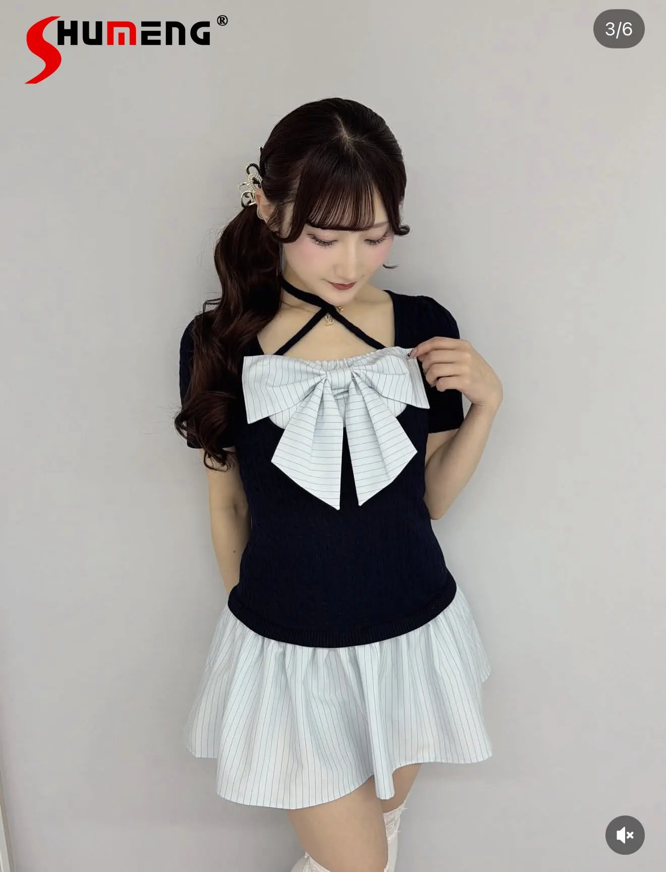 

Japanese Mines Style Sweet Cute Girl's Dress Lace-up Square Neck Big Bow Short Sleeve High Waist Splicing Short Dress for Women