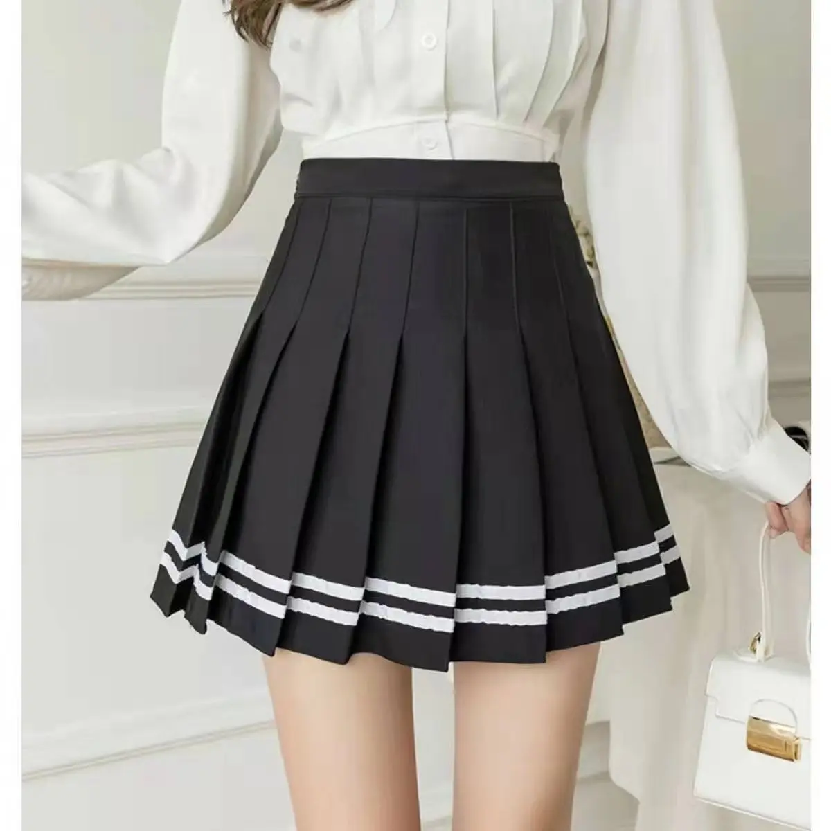 Spring and summer new striped a-line skirt pleated college style high waist side zipper skirts for women students