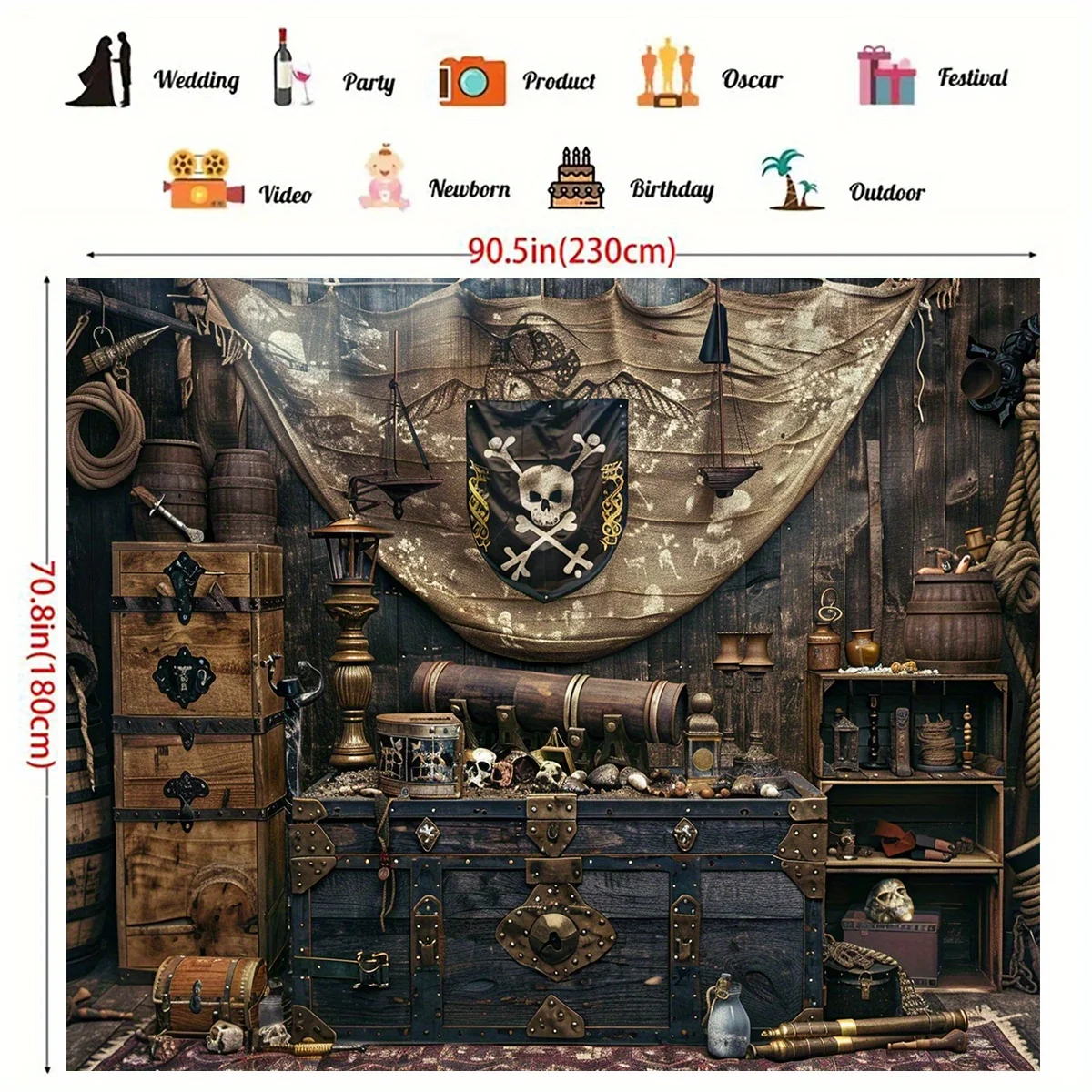 Pirate Party Treasure map background cloth, durable polyester, steering wheel design, suitable for birthdays and events