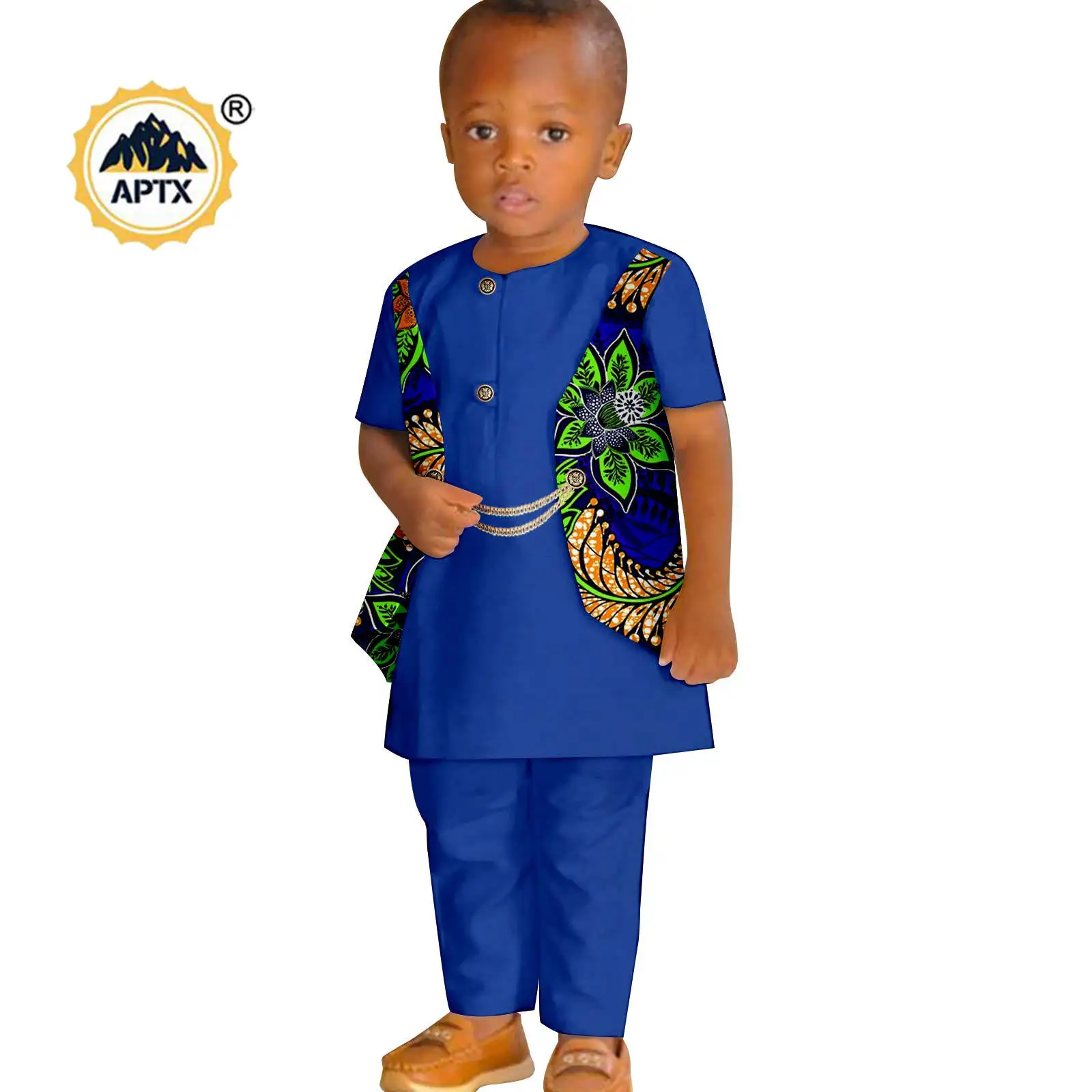 African Clothes for Children Boy Dashiki Summer Print False Two-piece Suit Top and Pant Sets Bazin Riche Kid Outfits 2446056