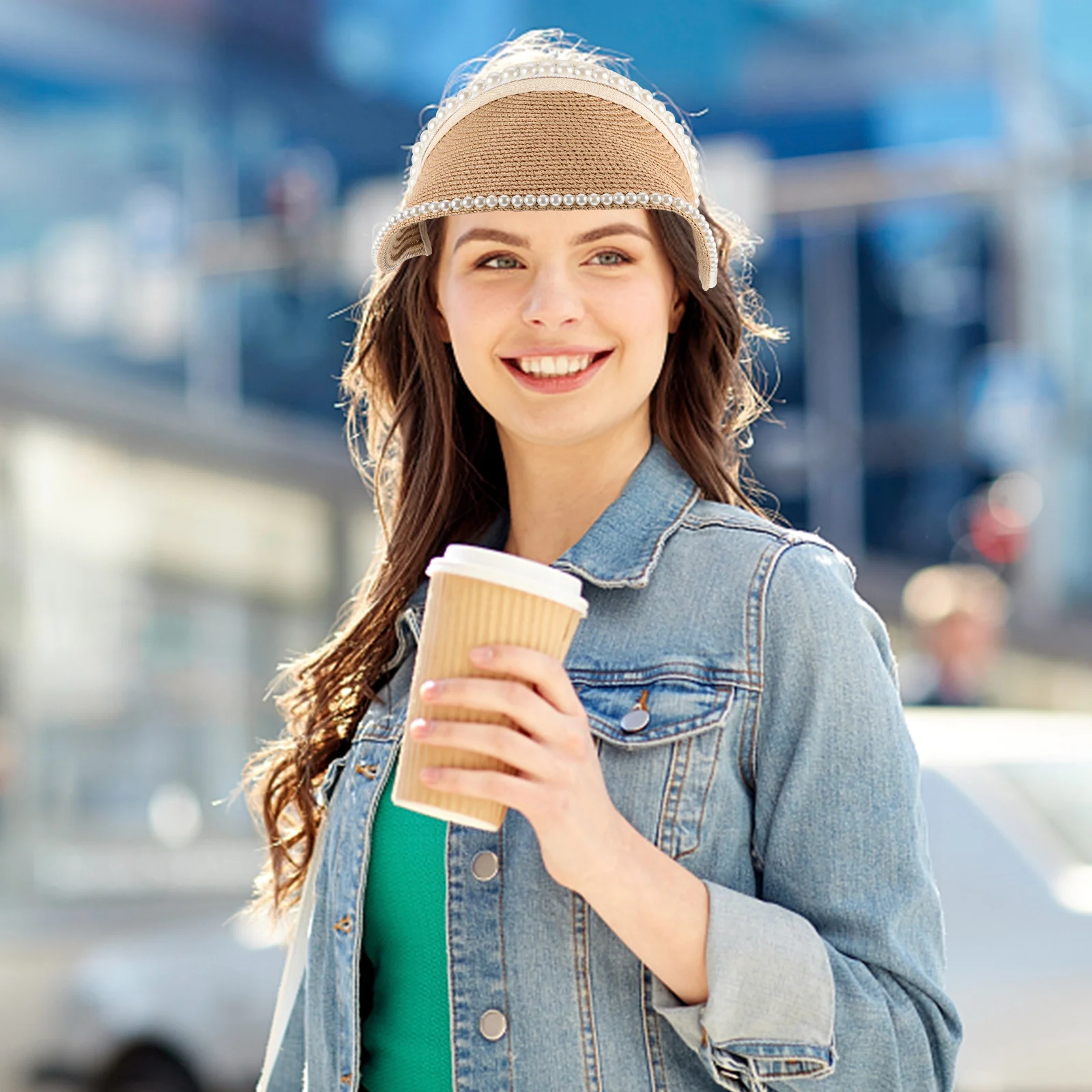 

Pearl Embellished Sun Visor Hat Women's Lightweight Foldable Beach Travel Hat with Long Brim Breathable Summer Sunhat