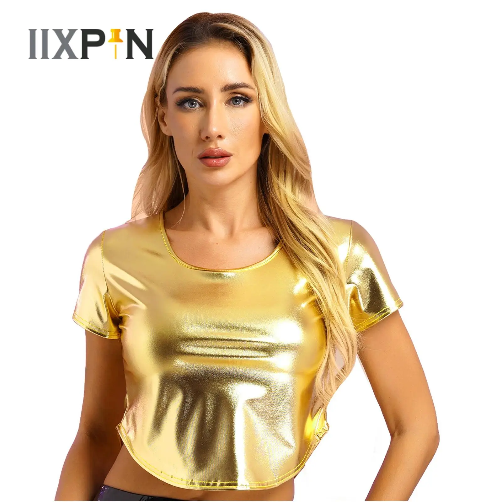 

Fashion Womens Metallic T-shirt Short Sleeve Curved Hem Holographic Crop Tops Rave Party Music Festival Clubwear Dance Costume