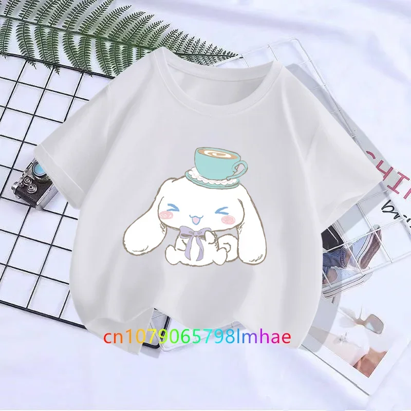 Sanrio-Camiseta infantil de algodão, blusa de manga curta, cachorro de olhos grandes, confortável, desenho animado, bebê, menino