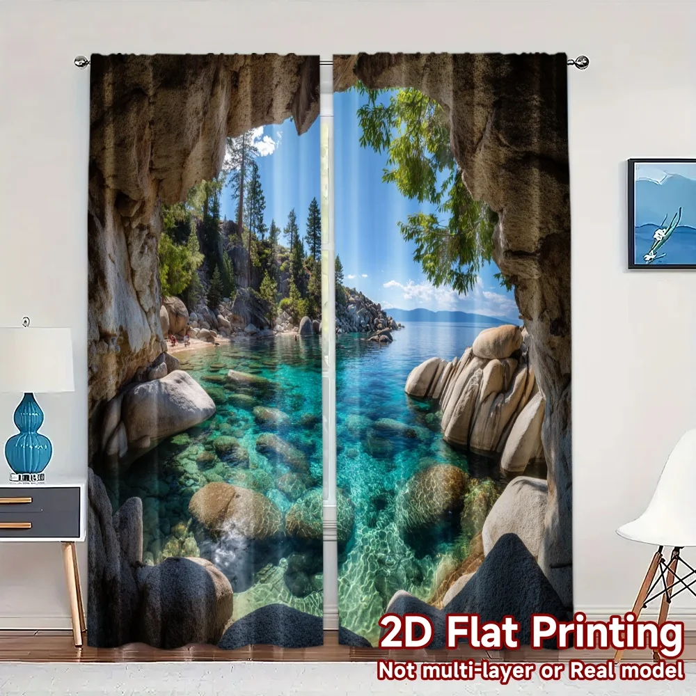 2pcs, 2D FLAT PRINTING Curtains (Without Rod) Azure Cove Popular Light Filtering Curtains Prints Light Filtering Curtains