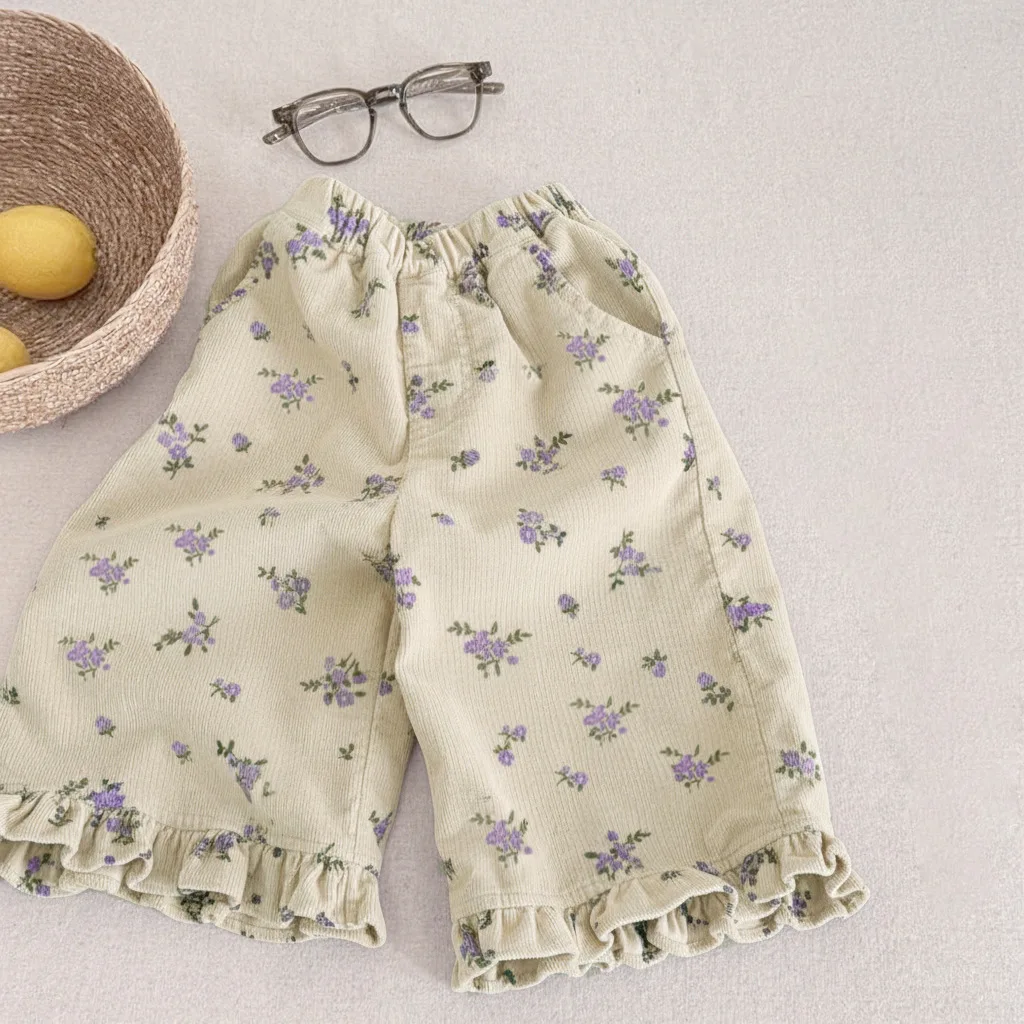 Toddler Girls Corduroy Pants Ruffle Hem Elastic Waist with Pockets Cute Floral Solid Color Kids Casual Trousers Fall Winter Wear