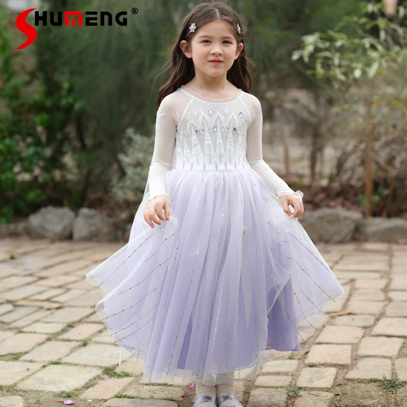 

Детское платье в стиле принцессы с градиентной сеткой, вышивкой и пайетками, с длинными рукавами, для выступлений