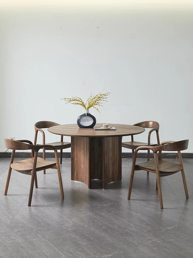 North American imported black walnut table round Nordic household table with turntable table and chair combination