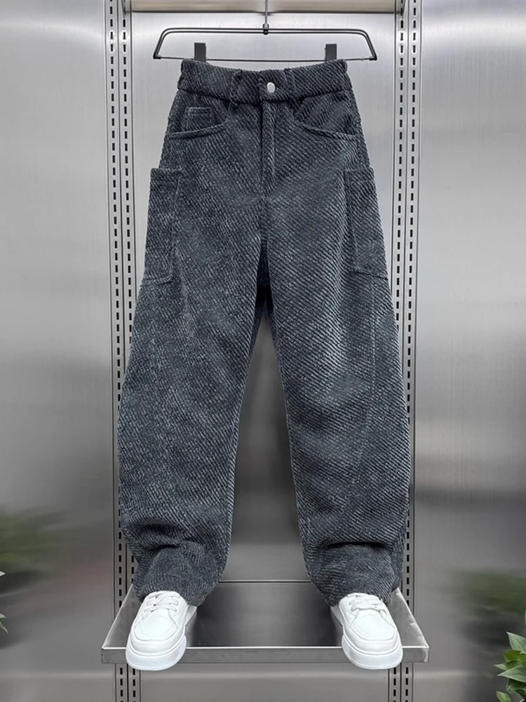 

Winter High-End Knitted Tassel Casual Pants Men's Loose Luxury Long Pants Fce-Lined Straight Leg Trousers for Men