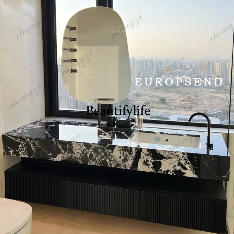 Hotel style bathroom rock slab seamless integrated basin washstand Italian light luxury bathroom cabinet oak
