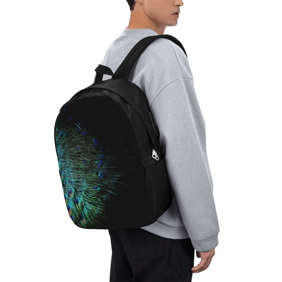 Peacock Feathers On A Black Background Backpack Travel Notebook Bag Computer College Student School Bag Laptop Shoulder Bags view 3