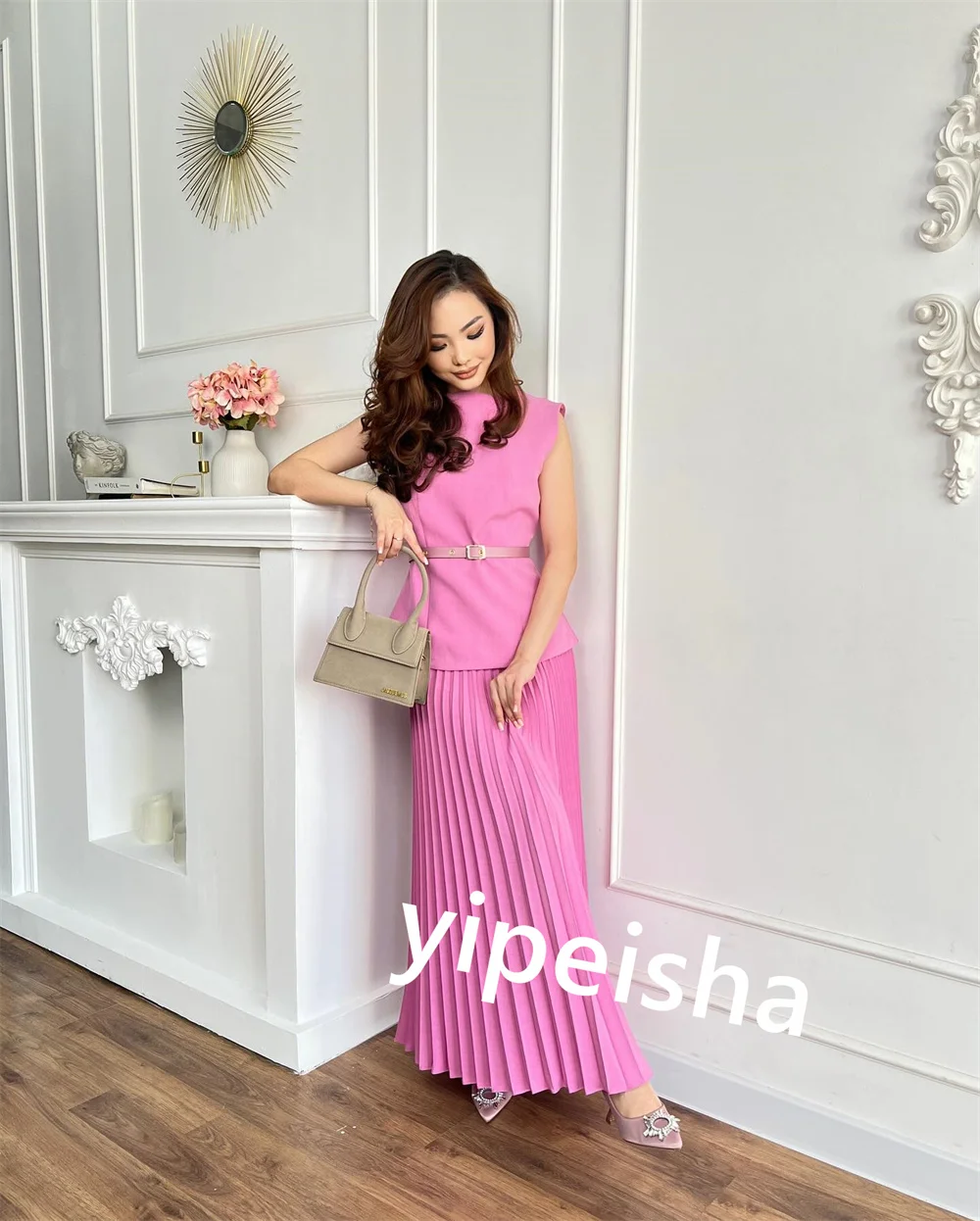 Customized Jersey Pleat Sash Evening Straight Scoop Neck Bespoke Occasion Gown Midi Dresses