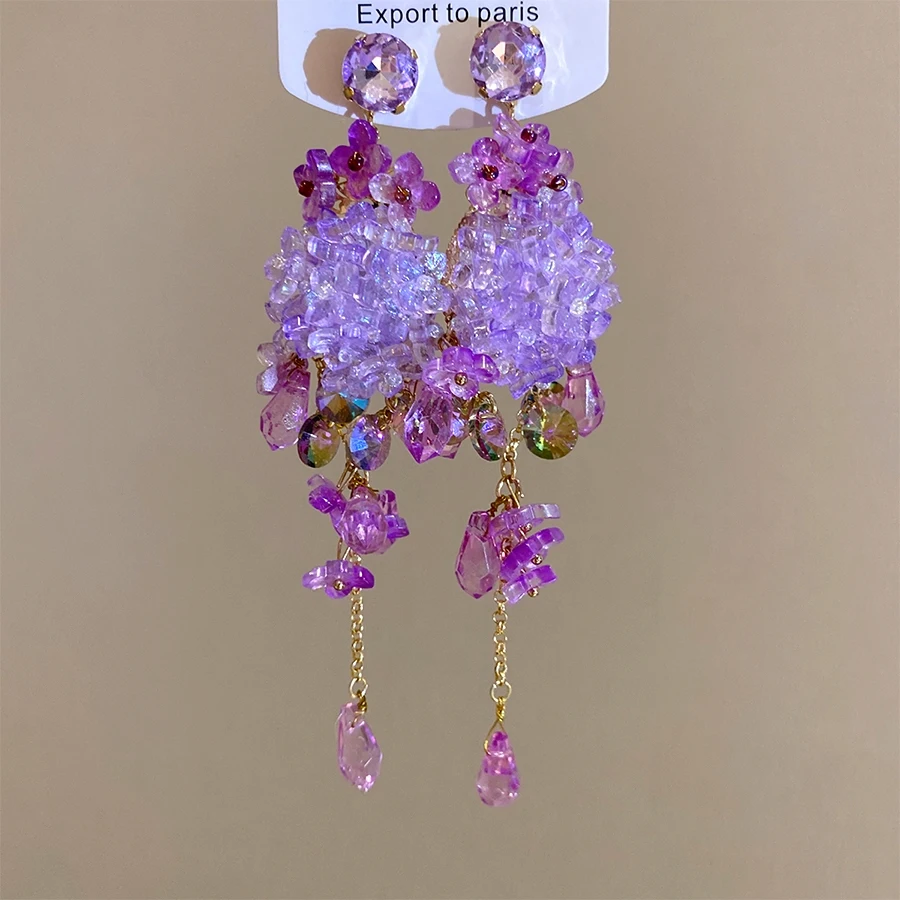 Purple Floral Cluster Drop Earrings Sparkling Crystal Chain Tassel Elegant Statement Jewelry for Women Party