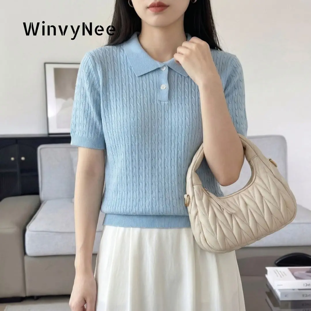 WinvyNee Women's Clothing 100% Cotton Twist Polo Two Button Short Sleeve T-Shirt Cool Spring Summer Slim Fit Basic Top ZA1002027