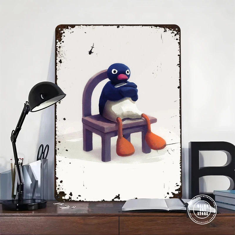 Angry Pingu 3D Texture Tinplate Poster Customized Wall Art Vintage Metal Signs for Fans Desk Decor Room Modern Home Decoration