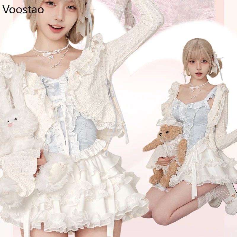 Sweet Lolita Style 3 Piece Set Women Kawaii Casual Short Cardigan Slim Lace Camisole Vest Y2k Mini Skirt Korean Female Y2k Suit