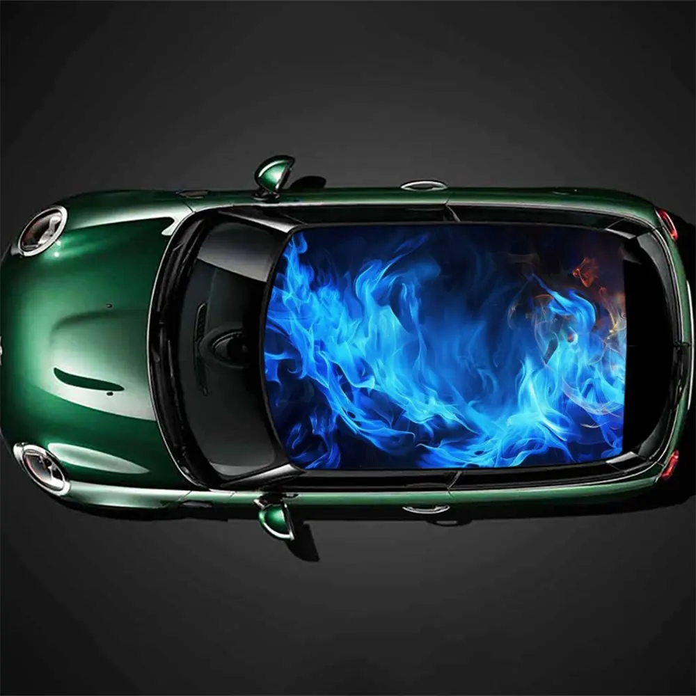 Beauty Blue Flame Neon Fire Car Roof Sticker Wrap Racing SUV Auto Accessories Packaging PVC Car Hood Graphic Decal Decoration