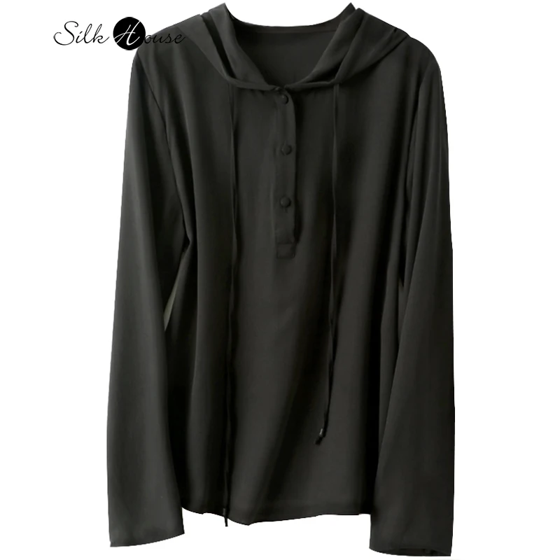 

Silk Hooded Sweater Women's Long Sleeve 2022 New Solid Color Loose Casual Pullover Small Shirt Mulberry Silk T-shirt