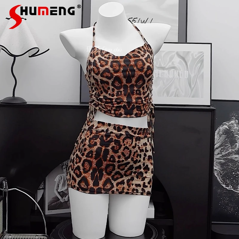 

Sexy Halter Neck Bodycon Skirt Set Women Leopard Print Camisole Lounge Suit Female Japanese Style Sexy Underwear Outfits