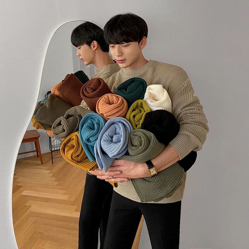 

2022 New Men's Warm Solid Basic Colors Loose Knitted Pullovers Tops Male Long Sleeve Autumn Winter Casual Sweaters Oversized