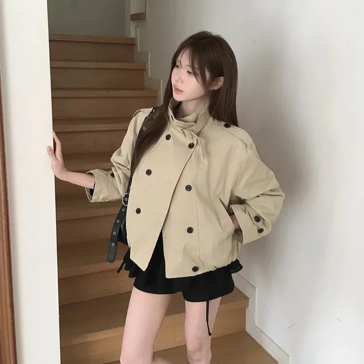 Casual Versatile Double Buttoned Korean Style Women's Short Coat Long Sleeve Other Material Outerwear Fashionably Functional