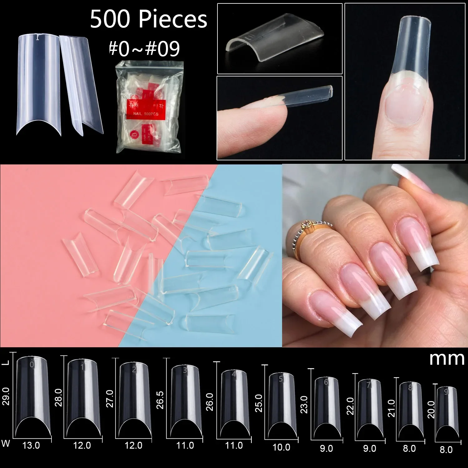 

500 Pieces C Curve Half False Nail Tips Nail Manicure Fake Nail Art Design 10 Sizes Acrylic Nails Long Nails Fake