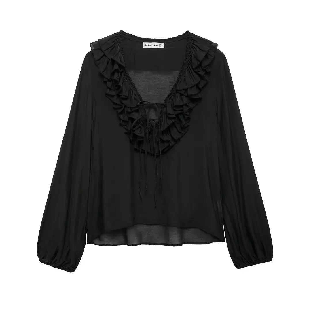 Autumn New Product: Three Color Age Reducing Sweet Thin Style Long Sleeved Ruffle Edge Layered V-neck Shirt With Drawstring Top