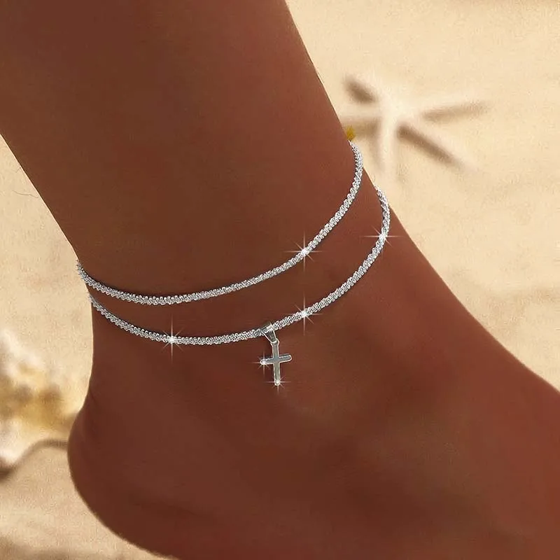 Silver Color Chain Anklets for Women Heart Cross Double-layer Anklet Summer Beach Barefoot Sandals Bracelets On Leg Foot Jewelry