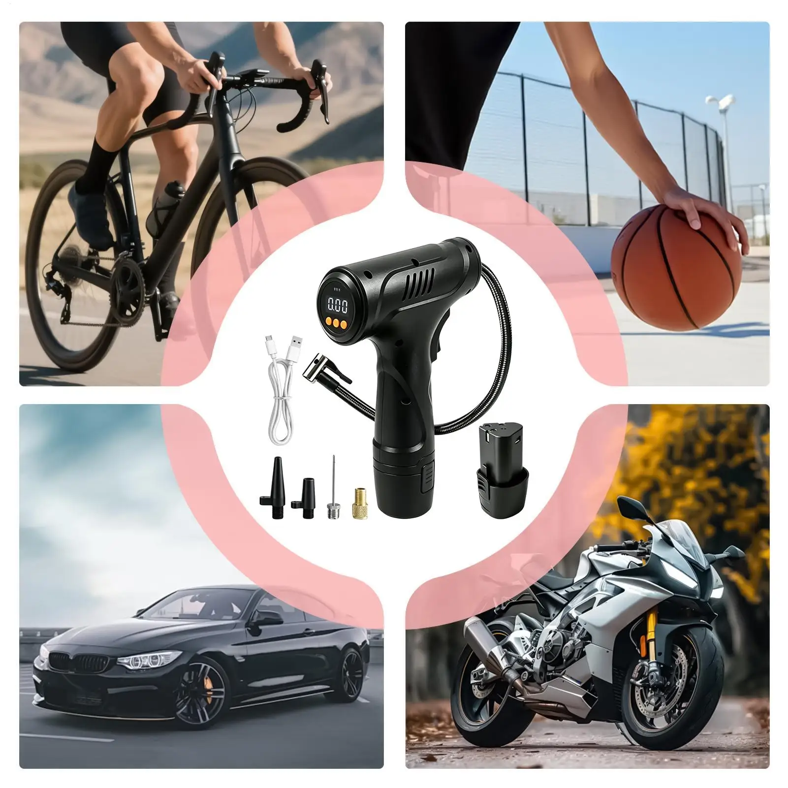 Portable Air Compressor Cordless Rechargeable With LED Lights Pressure Gauge Car Tire Air Pump Portable For Bike Motorcycle