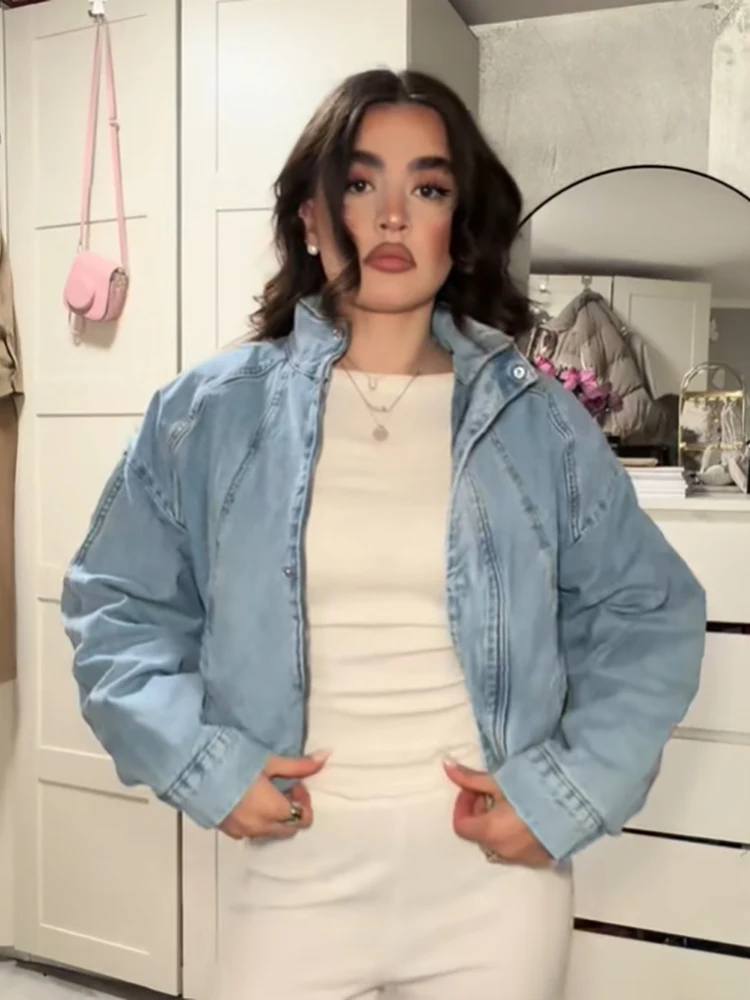 Vintage Blaue Kurze Jeansjacke für Damen mit Stehkragen, Reißverschluss und Knöpfen, Lose Passform, Langarm, Neue Streetwear für den Alltag im Herbst – Detail 14