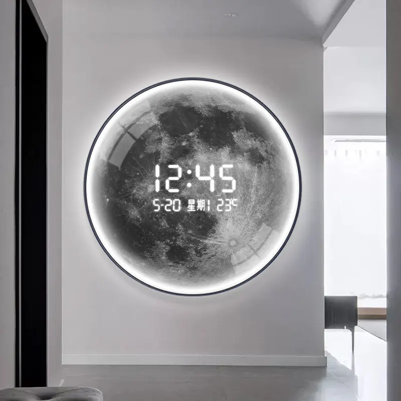 

Modern Circular Moon Led Hanging Painting Electronic Clock Hanging Clock Living Room Entrance Bedroom Decoration Painting Clock