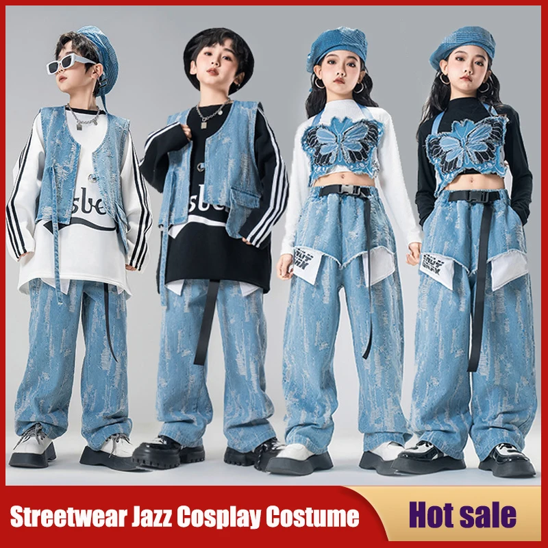 

Girl Hip Hop Streetwear Jazz Costume Sweatshirt Loose Jeans Top Fashion Kid Jazz Dance Clothes Teenage Performance Party Outfits