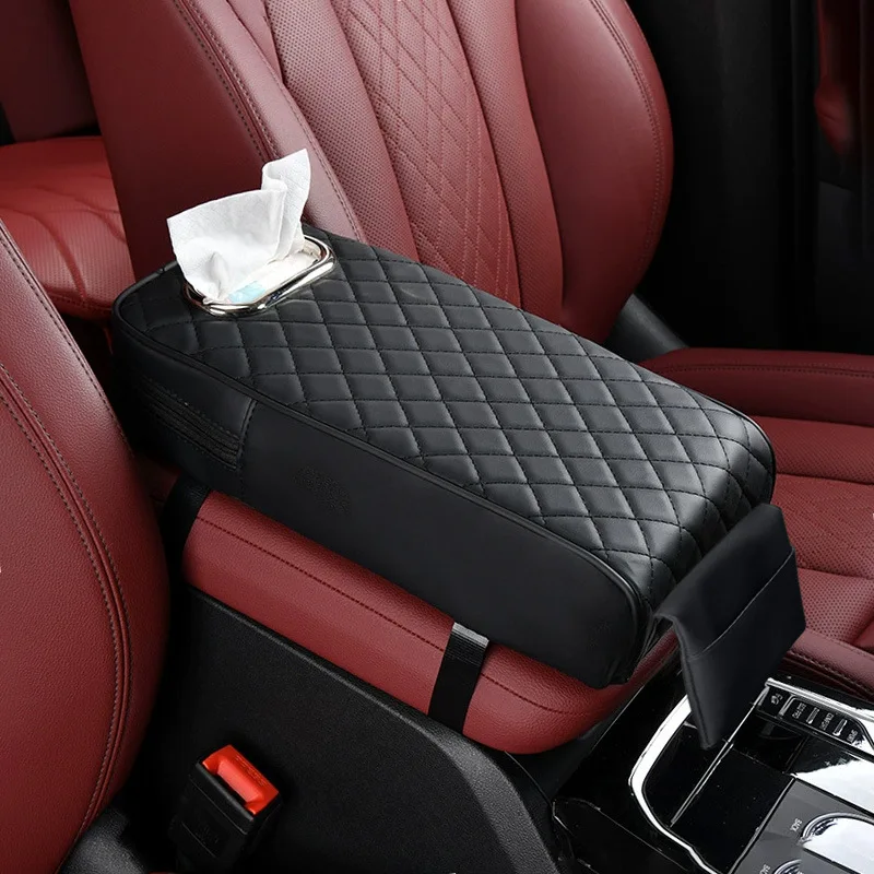 Car Armrest Pad Pu Leather Height-Increasing Pad Interior Accessories Cars Elbow Support With Front Storage Pockets Tissue Box