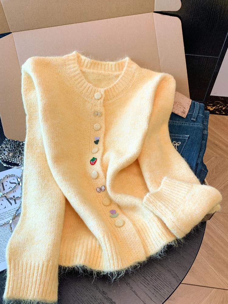 

Милый корейский стиль, цветная пряжка, свитер с круглым вырезом, женская зимняя толстая и теплая свободная модная универсальная вязаная куртка