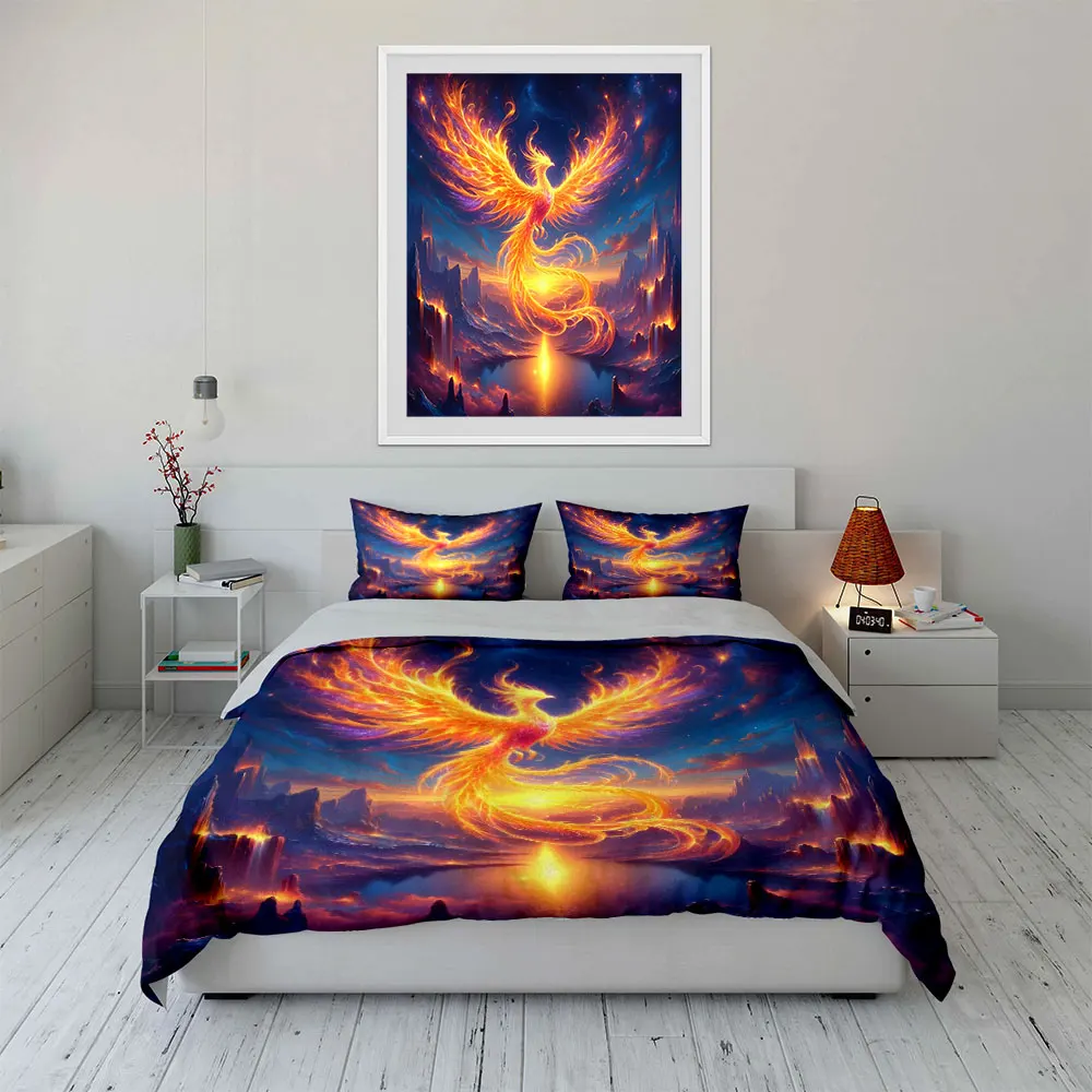 Phoenix Reborn in Dreamlike Valley Duvet Cover Set with 3D Printing Design Soft Polyester Bedding Set All-Season Comfort