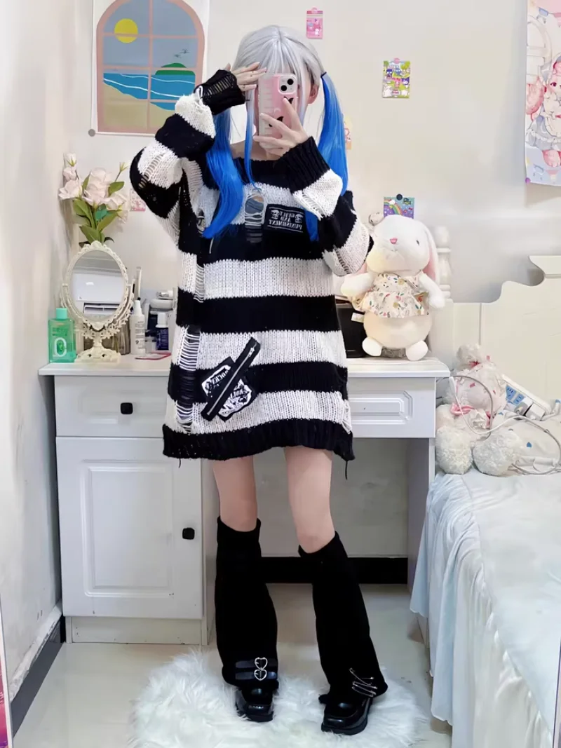 اليابانية الخريف والشتاء الظلام القوطية الجوف حفرة مخطط الشرير Harajuku ثقافة فرعية طاقم الرقبة محبوك سترة الاتجاه للنساء #2