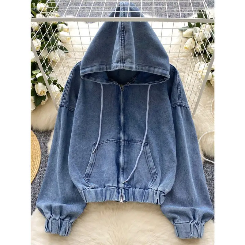 

Denim Hoodies Women Jacket Coat Long Sleeved Zipper Drawstring Harajuku Oversized Y2K Sportswear Vintage Normcore Woman Autumn