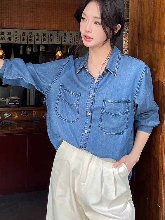 

Large Size Women's Shirt Spring New Style Turn-down Collar Single Button Washed Denim Long Sleeve Blouse Layering Female