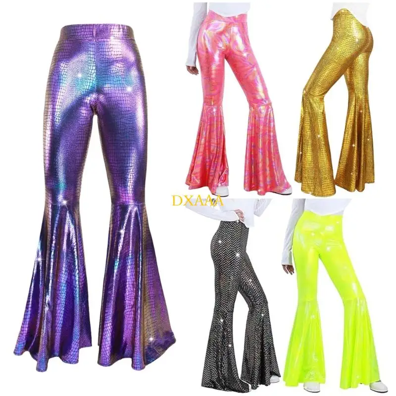 

DXAA женские брюки с блестками, блестящие брюки с высокой талией и широкими расклешенными штанинами, расклешенные внизу