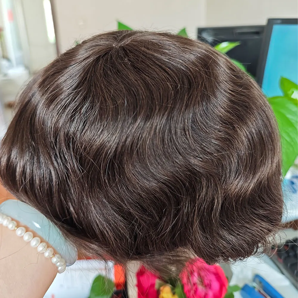 Teramarn VS Dark Brown Human Hair Toupee 10x8 Inch Swiss Mono Lace Thin Skin Hairpiece for Hair Replacement System #2 Men's Wig