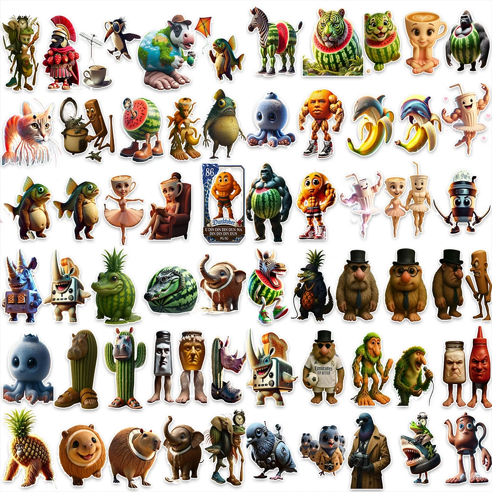 

60PCS Abstract Animal Stickers Tung Tung Tung Sahur Italian Brainrot Animals Cartoon Decal DIY Luggage Phone Cup Guitar Decal