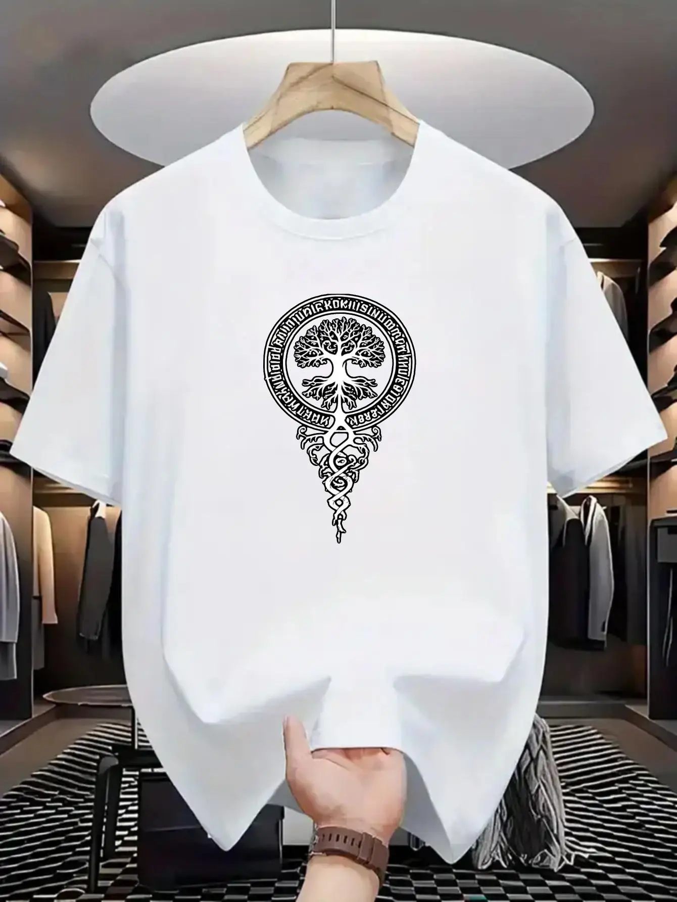White short-sleeved t-shirt with a mandala design representing the tree of life. Perfect for casual wear and everyday style.