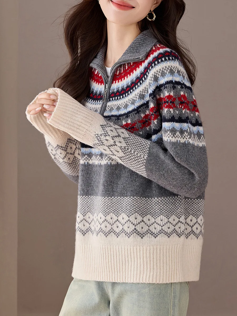 Birdtree ، سترة محبوكة من صوف الأغنام 100% ، سترة نسائية من قماش الجاكار بياقة واقفة وسحاب تريكو ، بلوفر كاجوال لخريف وشتاء 2025 T5N517JF