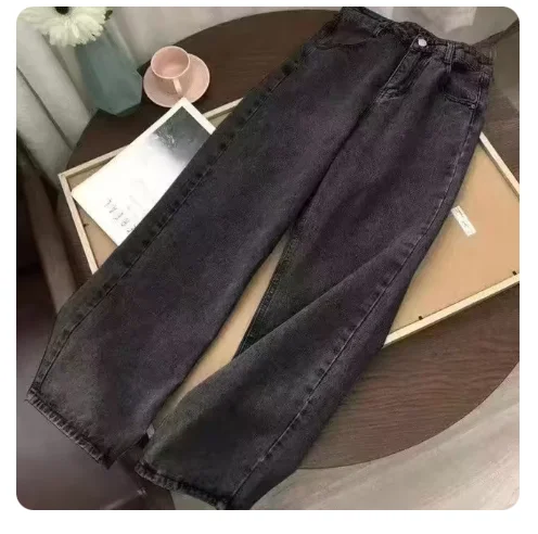 

Джинсы с высокой талией в стиле ретро в стиле хип-хоп с вышивкой пламени и длинными прямыми штанинами, свободные дышащие повседневные джинсы для всех морей...