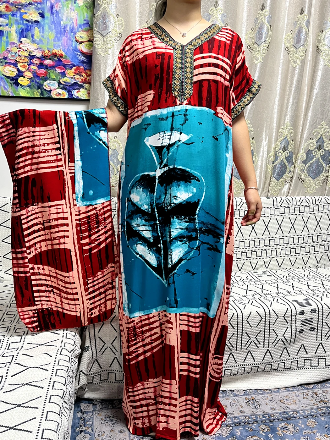 Abayas For Women 2023 Summer V-neck Cotton Printed Pattern Loose Fit Femme Robe African Nigeria Islam Novelty Design With Turban