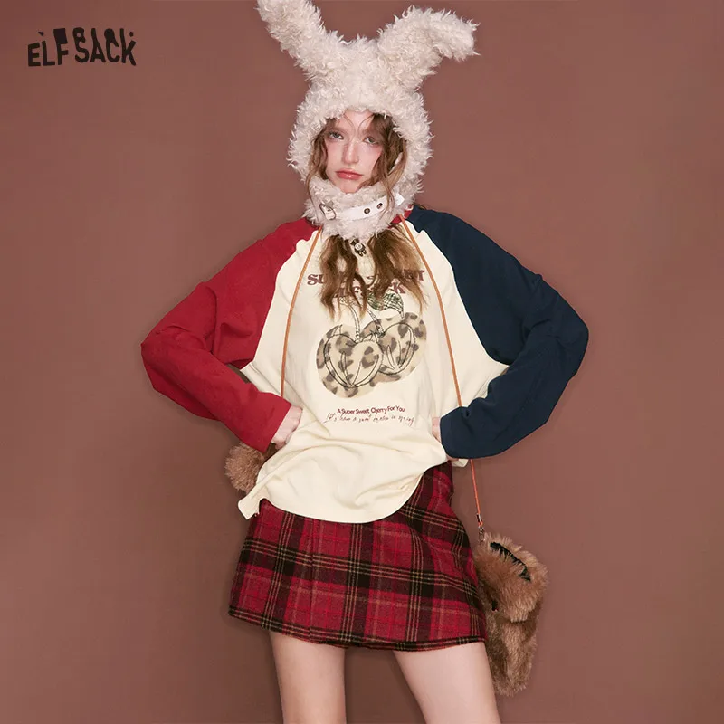 ELFSACK Women's Y2K Raglan Long Sleeve T‑Shirt with Fruit Graphic Print, Contrast Color Loose Tee for Autumn Daily Wear
