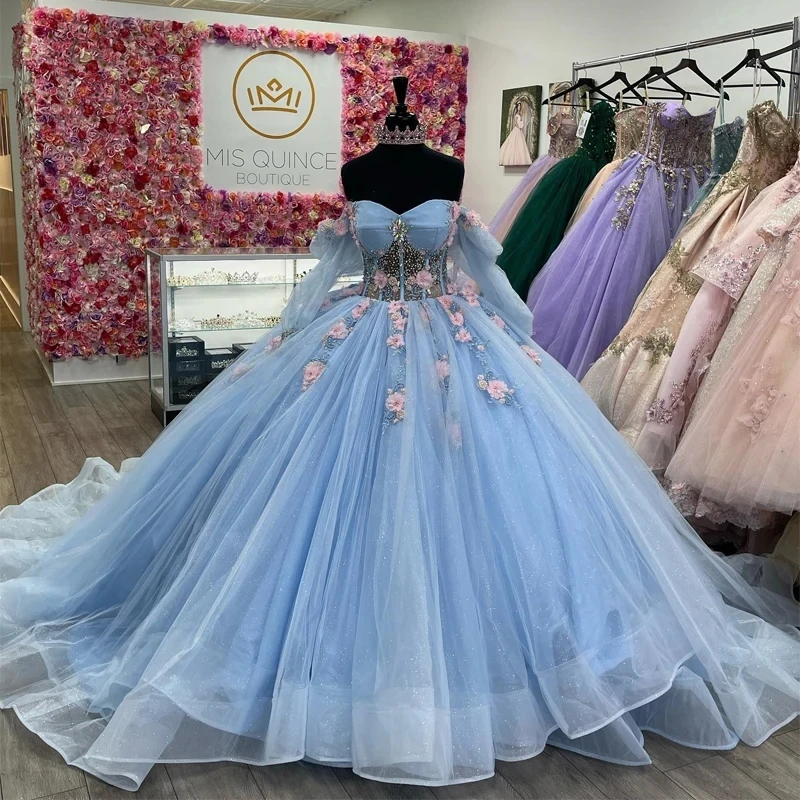 

2024 Shiny Light Blue Cinderella Sweetheart Quinceanera Dresses Ball Gown Applique Party Gowns Vestido De Festa Sweet 16 Dress